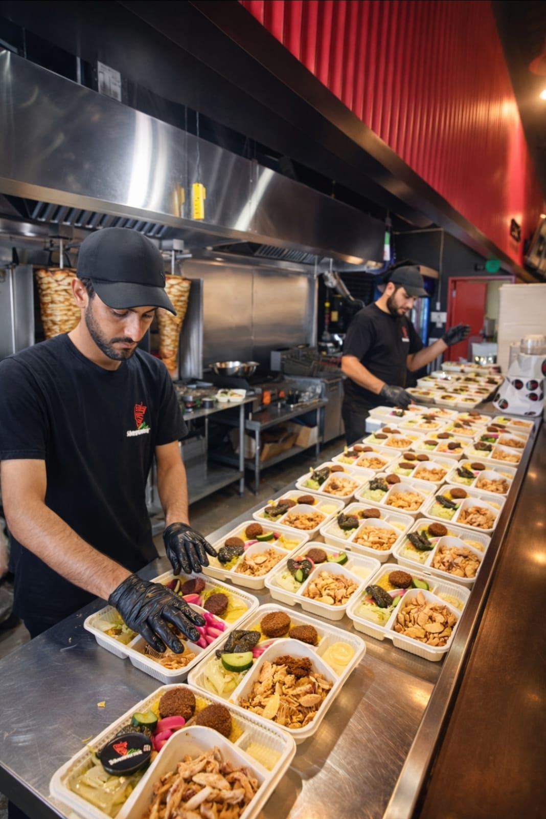 Team preparing a large catering order at Shawerma Plus Ridgeway