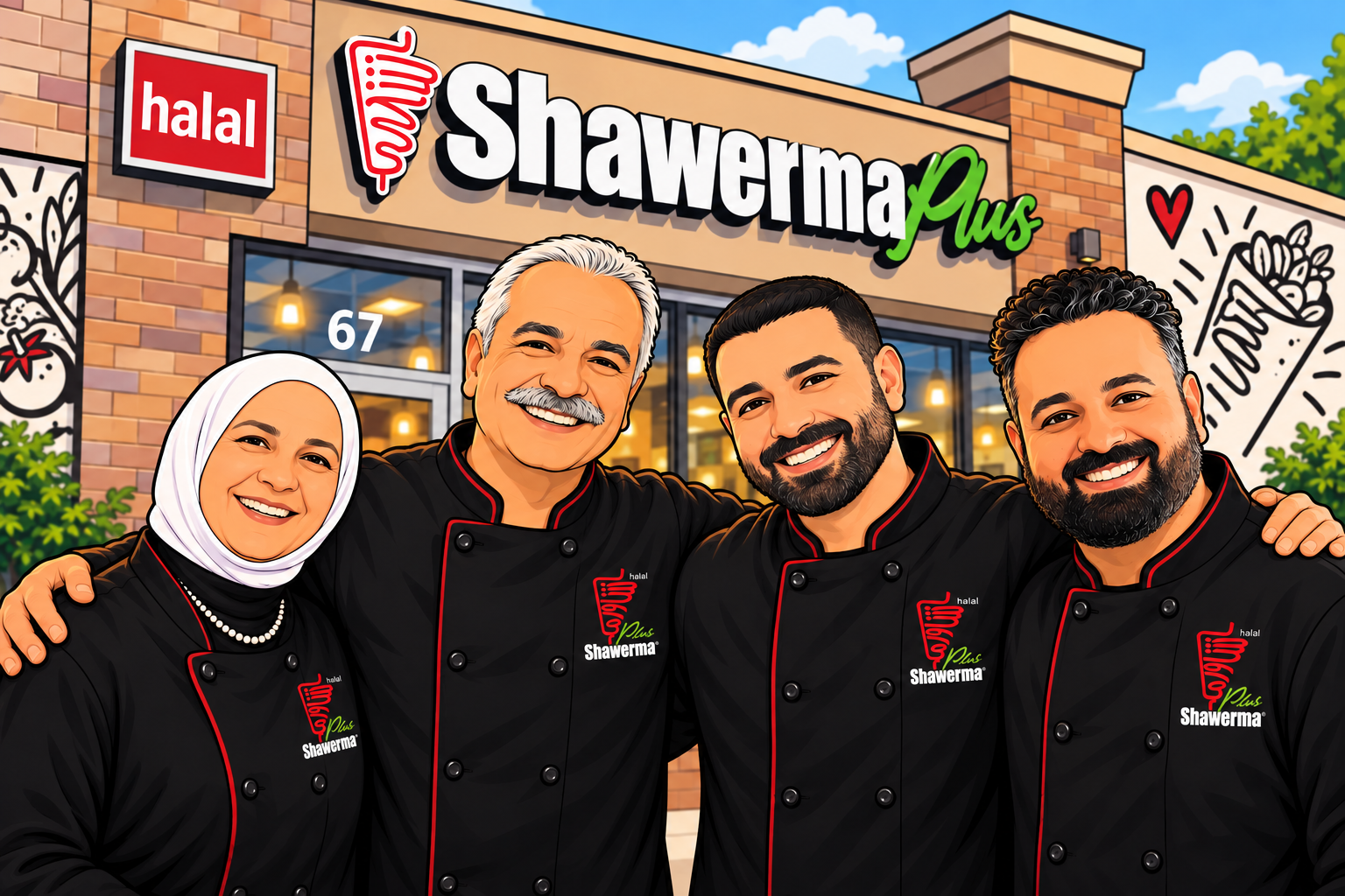 Cartoon portrait of founders Baraat, Asem, Jawad and Moe outside Shawerma Plus