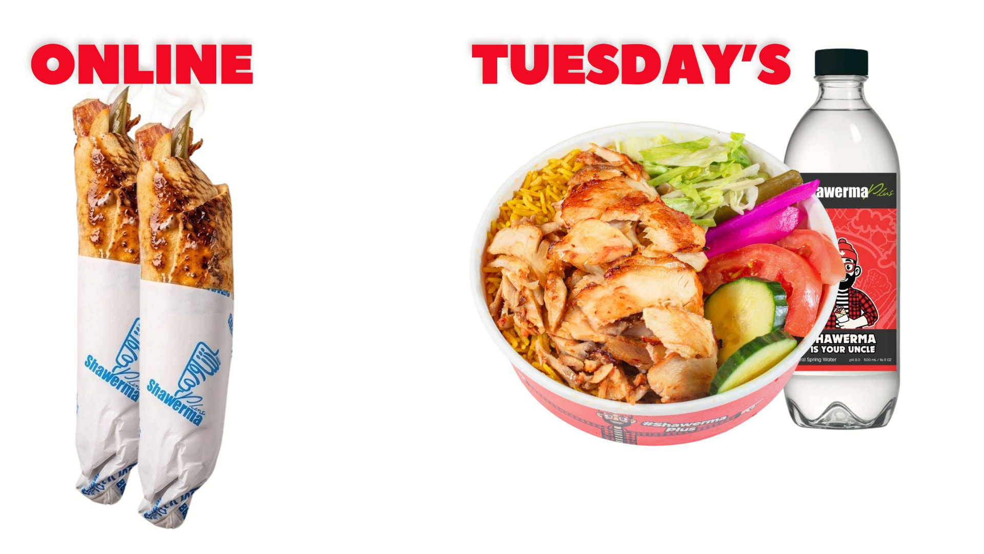 Two grilled chicken pita wraps beside the Tuesday special chicken shawarma bowl and spring water